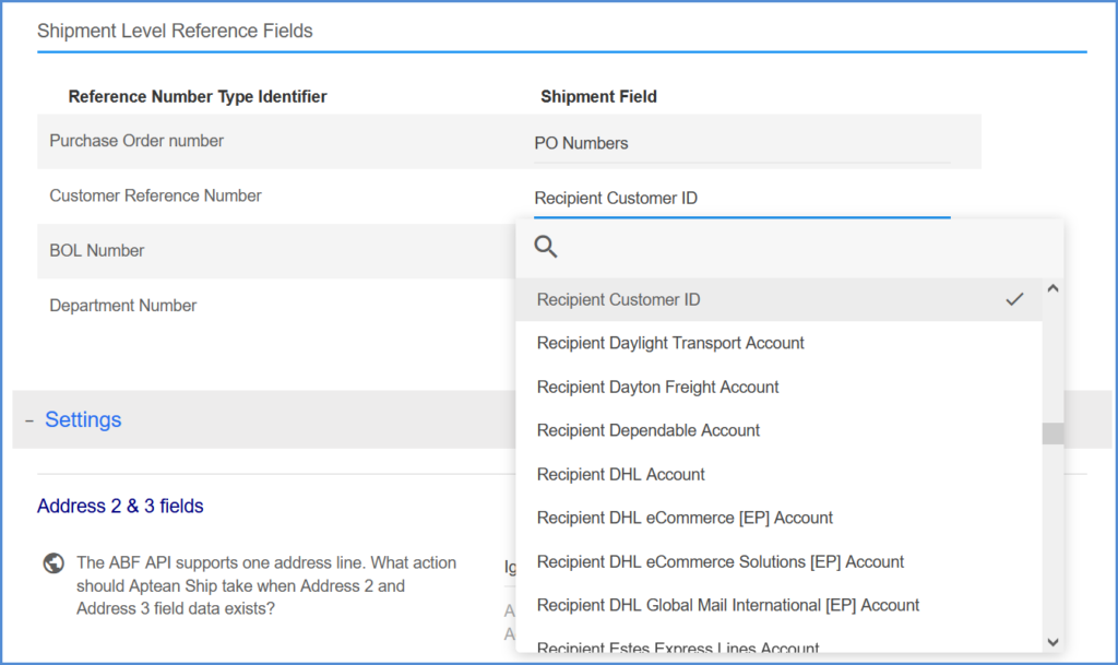 ABF Freight Settings Aptean Ship